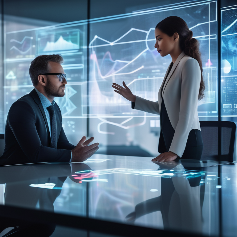 Two business professionals discuss beside a holographic display featuring AI and data graphs in a modern office setting.