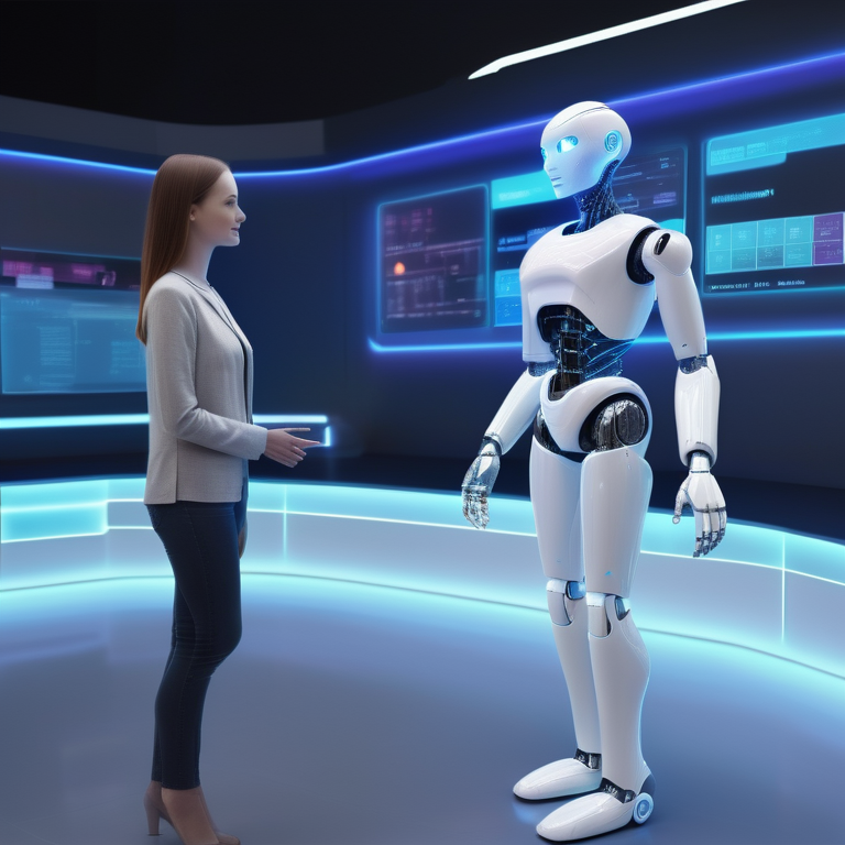 Humanoid robot conversing with a person on a high-tech sales floor.